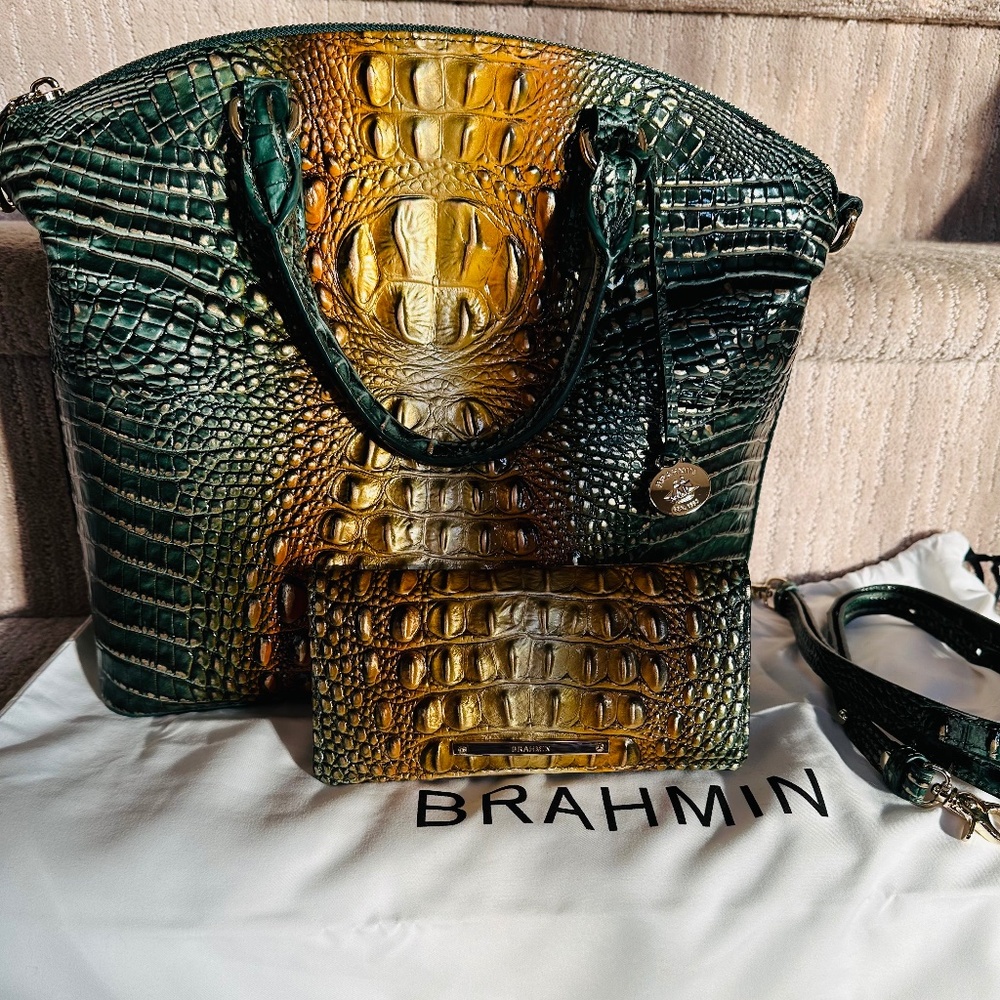 💚💛 EUC Brahmin Bayleaf Ombré Large Duxbury and Ady Wallet Set! 💛💚